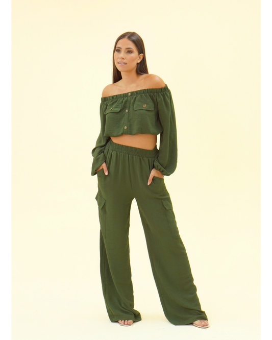 OFF SHOULDER TOP AND PANTS SET