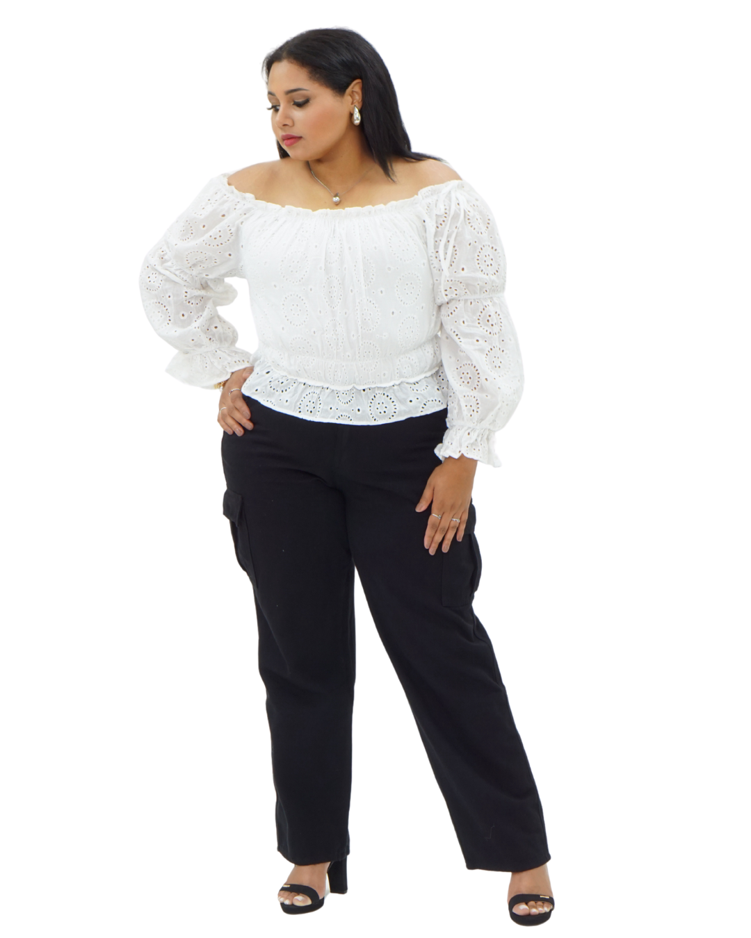 LS OFF SHOULDER EYELET TOP