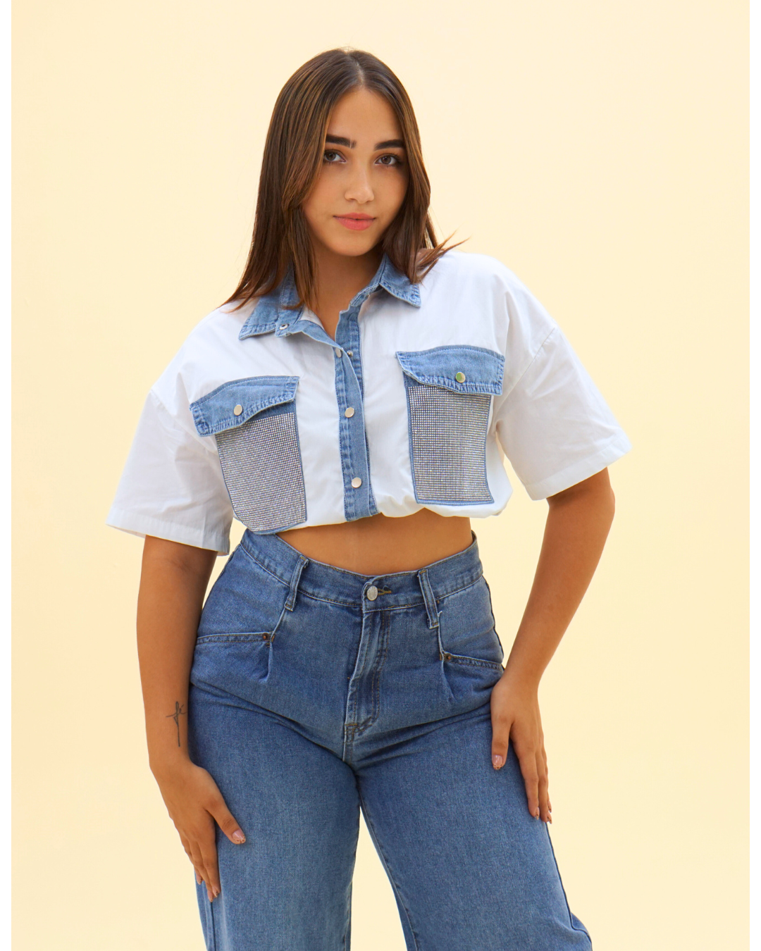 DENIM RHINESTONES POCKET BLOUSE