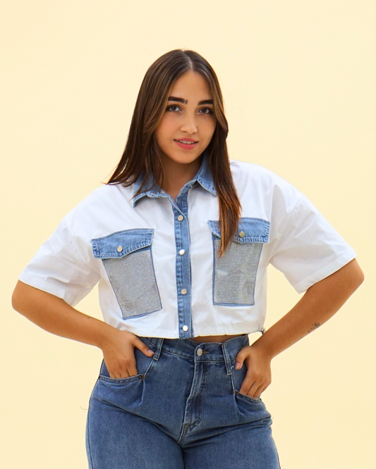 DENIM RHINESTONES POCKET BLOUSE