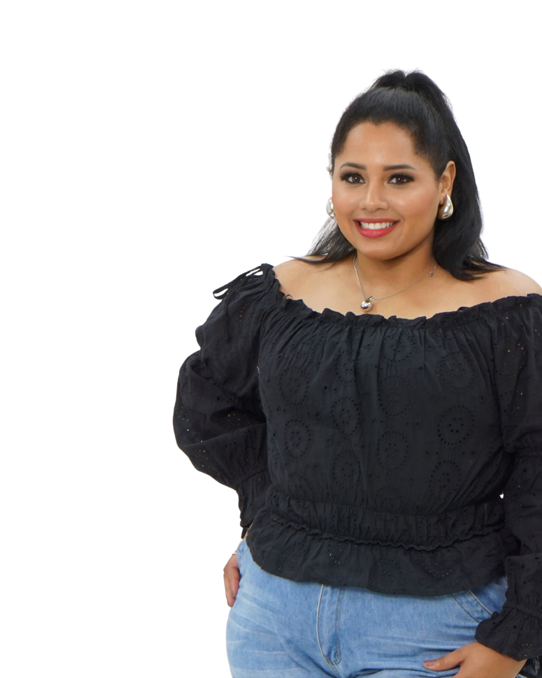 LS OFF SHOULDER EYELET TOP