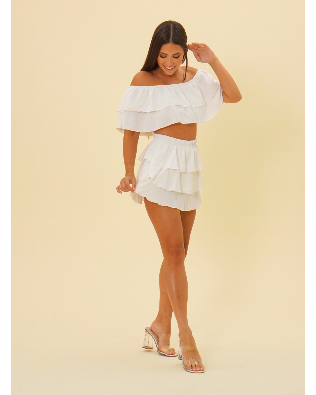 RUFFLE OFF SHOULDER SKORT SET