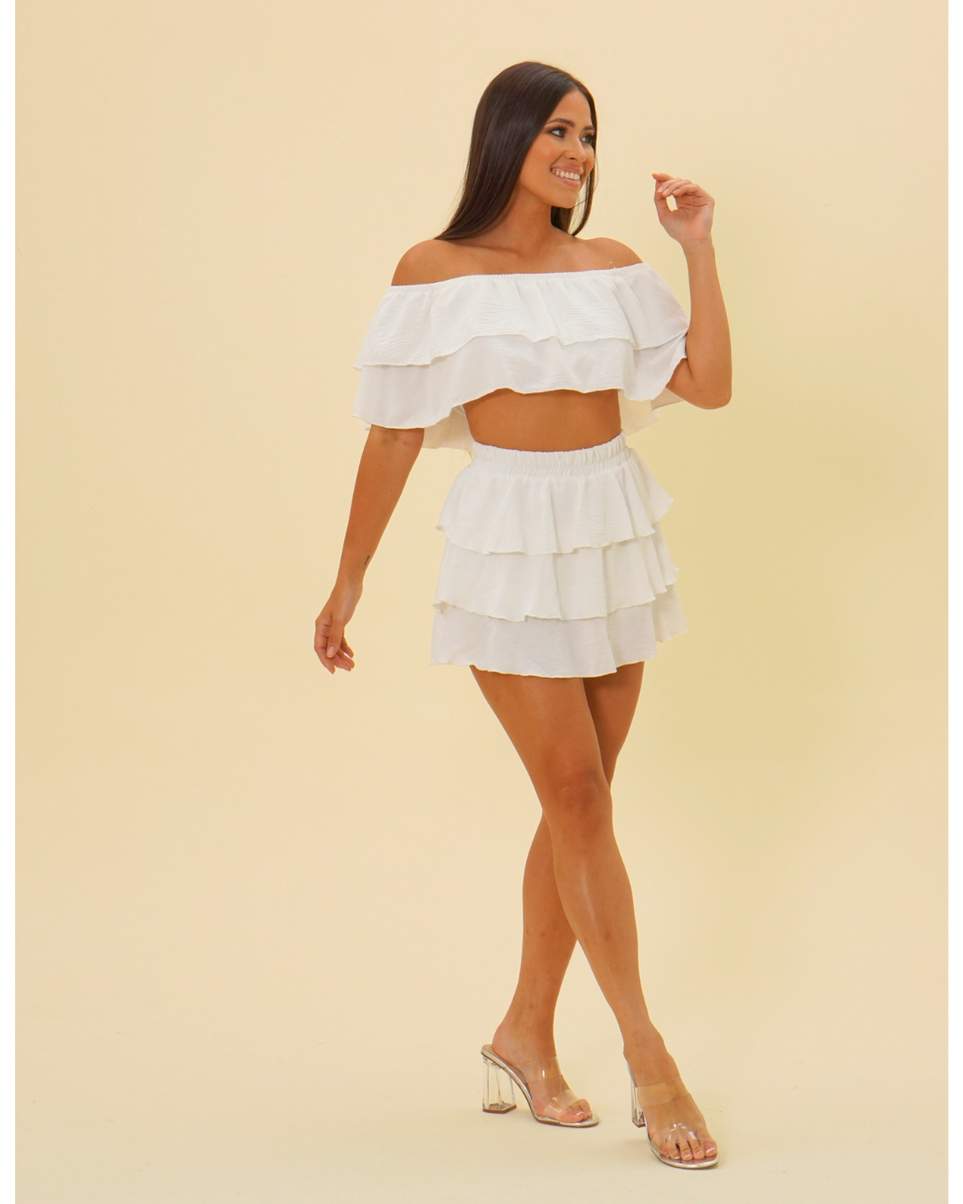 RUFFLE OFF SHOULDER SKORT SET