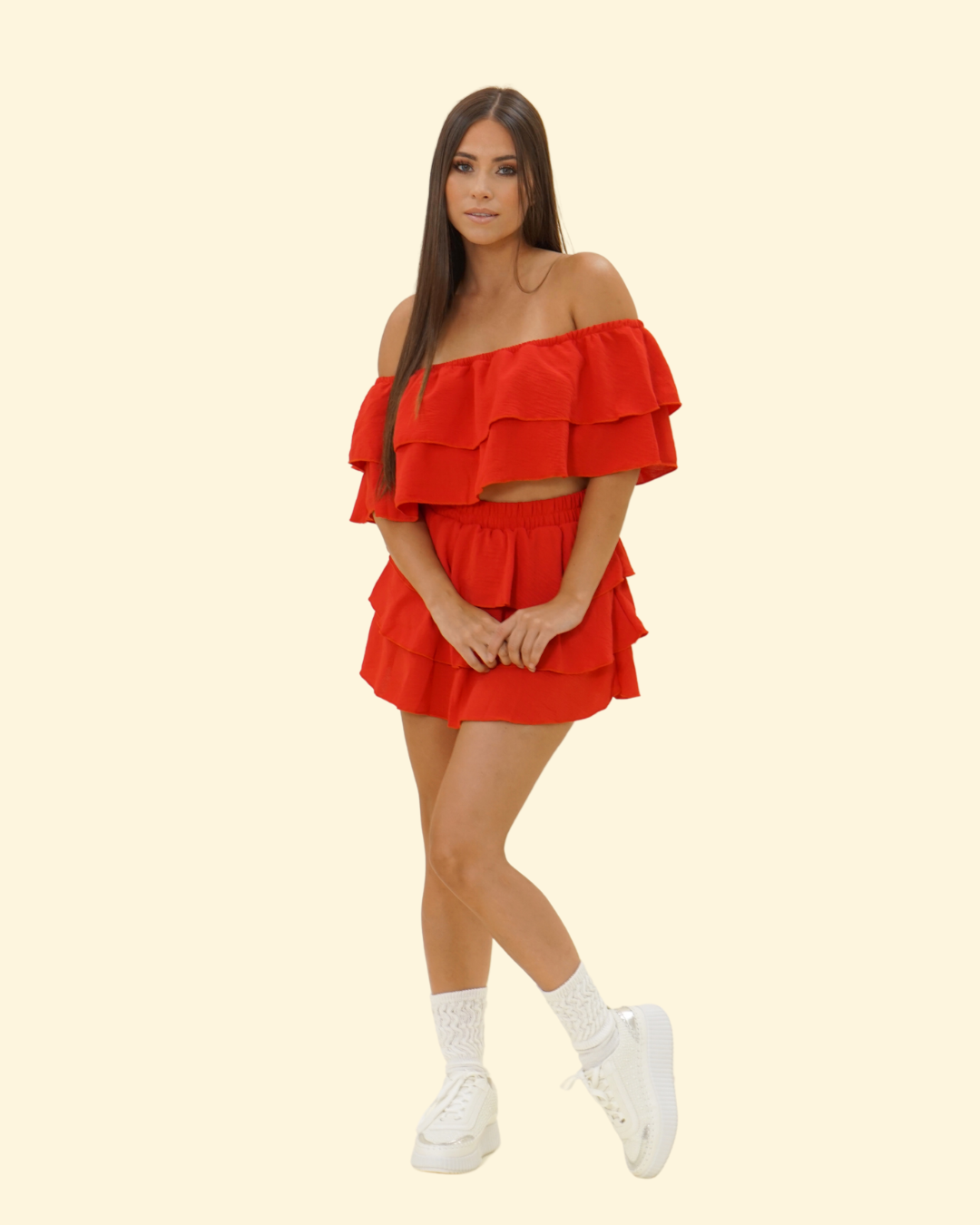 RUFFLE OFF SHOULDER SKORT SET