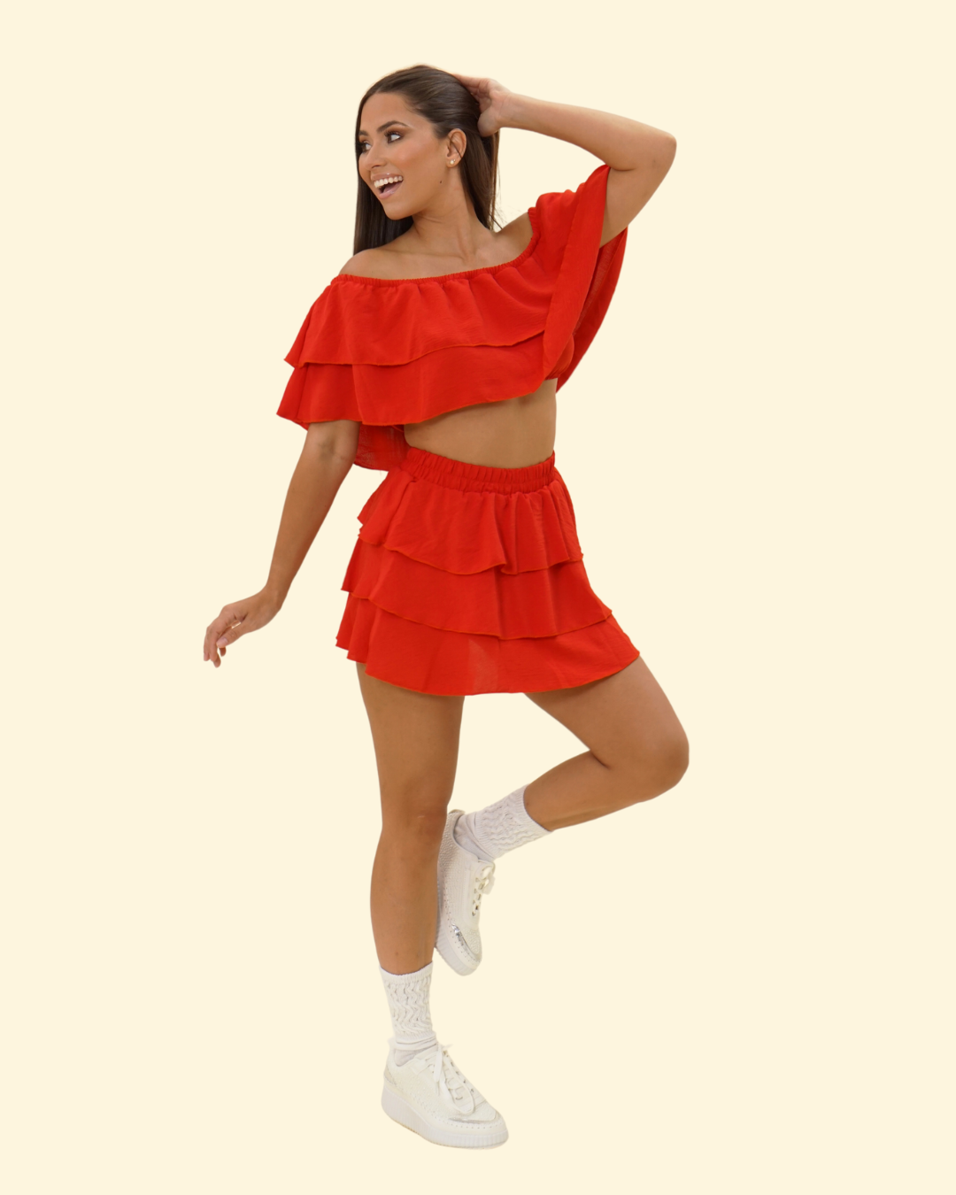 RUFFLE OFF SHOULDER SKORT SET