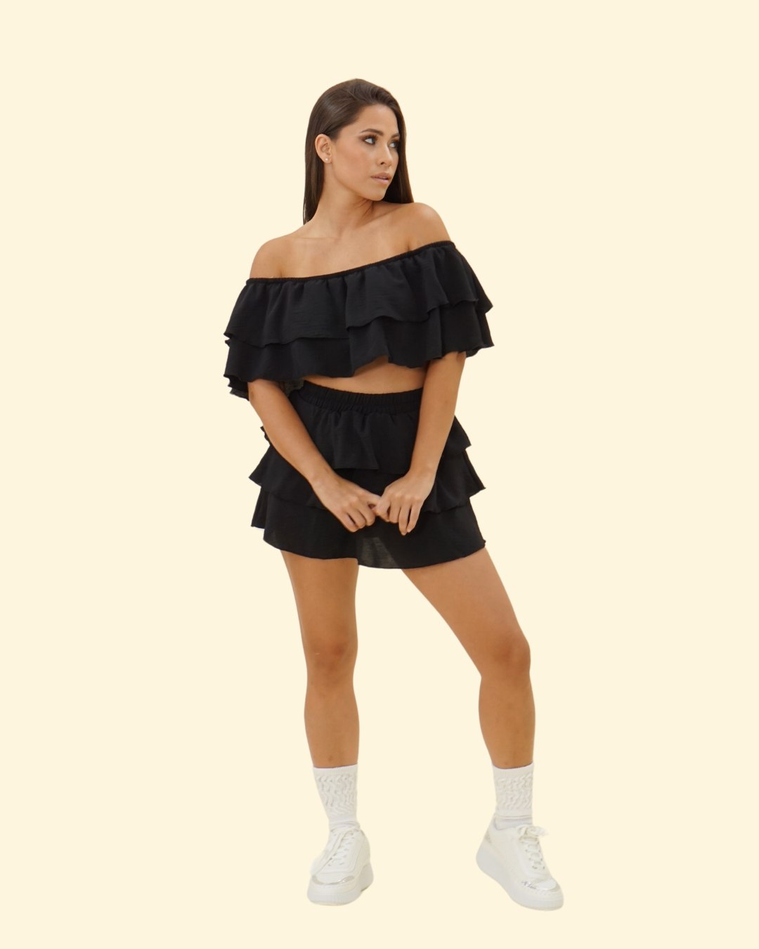 RUFFLE OFF SHOULDER SKORT SET