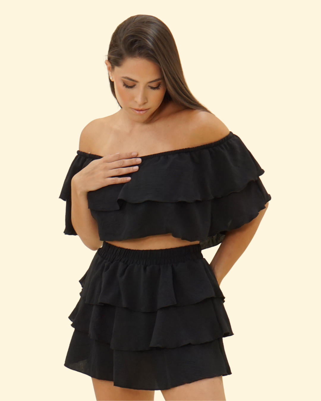 RUFFLE OFF SHOULDER SKORT SET